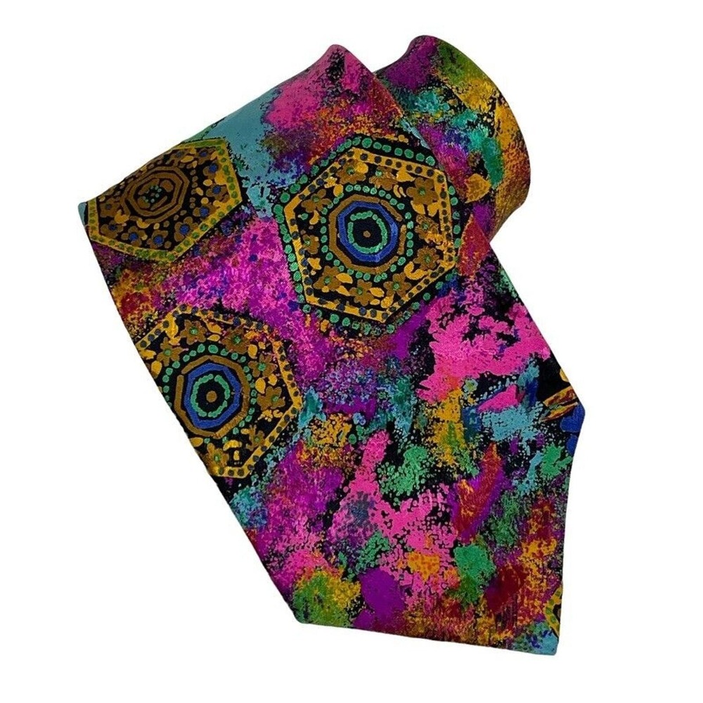 Brioni Silk Tie Multicolor Abstract Geometric Medallion Italy Luxury Art Deco